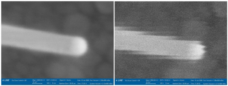 Left - active compensation of the picture at the limit magnification (2,5.10e6 X), right - the same picture without the compensation